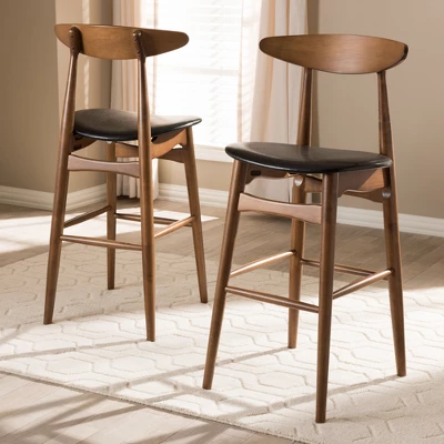 Set Of 2 Flora Mid-Century Modern Walnut Finished Wood Upholstered Barstools Black - Baxton Studio 5 Set Of 2 Flora Mid-Century Modern Walnut Finished Wood Upholstered Barstools Black - Baxton Studio - Image 5