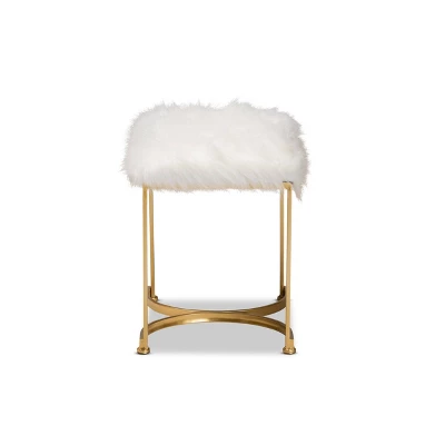 Gwyn Glam And Luxe Faux Fur Upholstered And Metal Ottoman White/Gold - Baxton Studio 2 Gwyn Glam And Luxe Faux Fur Upholstered And Metal Ottoman White/Gold - Baxton Studio - Image 2