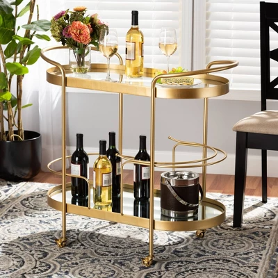 Kamal Glam Brushed Metal And Mirrored Glass 2 Tier Mobile Wine Bar Cart Gold - Baxton Studio 5 Kamal Glam Brushed Metal And Mirrored Glass 2 Tier Mobile Wine Bar Cart Gold - Baxton Studio - Image 5