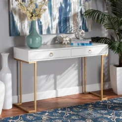 Beagan Wood And Metal 2 Drawer Console Table White/Gold - Baxton Studio: Elegant Storage For Entryway -Baxton Studio GUEST 077191e8 0129 47fb acf8 6a4f9d93a884
