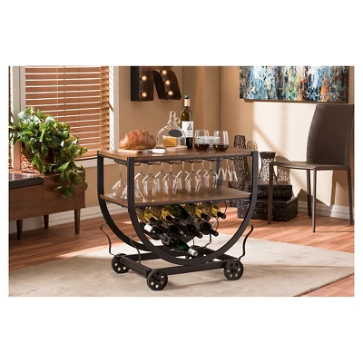 Triesta Antiqued Vintage Industrial Metal & Wood Wheeled Wine Rack Cart - Baxton Studio 3 Triesta Antiqued Vintage Industrial Metal & Wood Wheeled Wine Rack Cart - Baxton Studio - Image 3