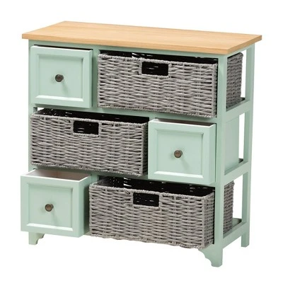 Valtina Two-Tone Wood 3 Drawer Storage Unit With Baskets Oak Brown/Gray/Mint Green - Baxton Studio 2 Valtina Two-Tone Wood 3 Drawer Storage Unit With Baskets Oak Brown/Gray/Mint Green - Baxton Studio - Image 2