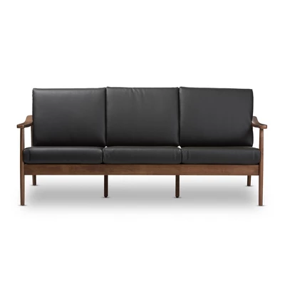 Venza Mid-Modern Walnut Wood Faux Leather 3 Seater Sofa Black - Baxton Studio 1 Venza Mid-Modern Walnut Wood Faux Leather 3 Seater Sofa Black - Baxton Studio