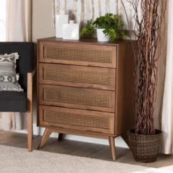 Barrett Wood And Synthetic Rattan 4 Drawer Chest Walnut Brown - Baxton Studio -Baxton Studio GUEST 0eb71e92 b532 4c3c 8c06 f55e3ac80cf8