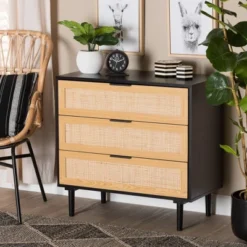 Maureen Wood And Rattan 3 Drawer Dresser Espresso/Natural Brown - Baxton Studio -Baxton Studio GUEST 10a19888 5c53 4636 a13a 81898ec6e4a2