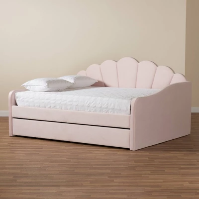 Queen Timila Velvet Fabric Upholstered Daybed With Trundle Light Pink - Baxton Studio 11 Queen Timila Velvet Fabric Upholstered Daybed With Trundle Light Pink - Baxton Studio - Image 11