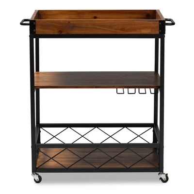 Capri Oak And Finished Mobile Metal Bar Cart With Stemware Rack Brown - Baxton Studio 8 Capri Oak And Finished Mobile Metal Bar Cart With Stemware Rack Brown - Baxton Studio - Image 8