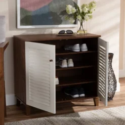 Coolidge 4 Shelf Wood Shoe Cabinet White/Walnut - Baxton Studio 14 Coolidge 4 Shelf Wood Shoe Cabinet White/Walnut - Baxton Studio -Baxton Studio GUEST 141ff338 3893 42cb 8d2d f906f60621e9