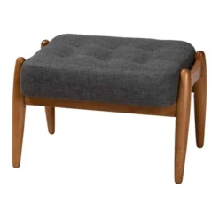 Jeanine Fabric And Wood Ottoman Footstool Dark Gray/Walnut Brown - Baxton Studio: Japandi Inspired, Rubberwood Frame, Button-Tufted