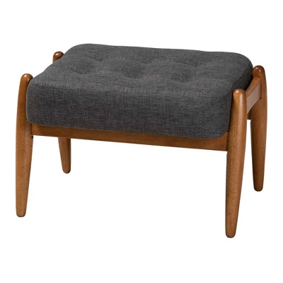 Jeanine Fabric And Wood Ottoman Footstool Dark Gray/Walnut Brown - Baxton Studio: Japandi Inspired, Rubberwood Frame, Button-Tufted 1 Jeanine Fabric And Wood Ottoman Footstool Dark Gray/Walnut Brown - Baxton Studio: Japandi Inspired, Rubberwood Frame, Button-Tufted