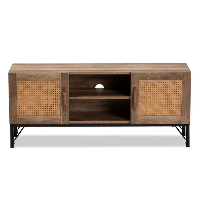 Veanna Bohemian Natural Wood And Metal 2 Door Synthetic Rattan TV Stand For TVs Up To 40" Brown/Black - Baxton Studio 2 Veanna Bohemian Natural Wood And Metal 2 Door Synthetic Rattan TV Stand For TVs Up To 40" Brown/Black - Baxton Studio - Image 2