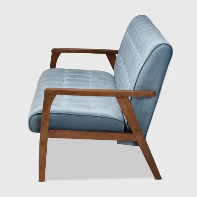 Asta Velvet Upholstered Wood Sofa Light Blue/Walnut - Baxton Studio 2 Asta Velvet Upholstered Wood Sofa Light Blue/Walnut - Baxton Studio - Image 2
