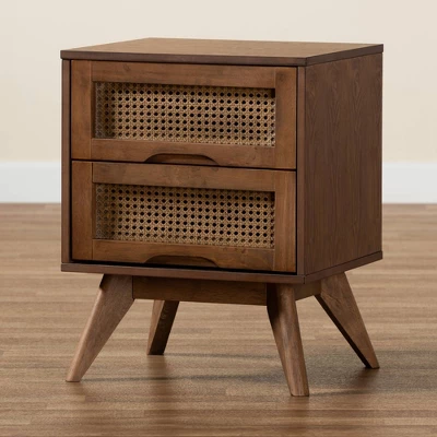 Barrett Wood And Synthetic Rattan 2 Drawer Nightstand Walnut Brown - Baxton Studio 8 Barrett Wood And Synthetic Rattan 2 Drawer Nightstand Walnut Brown - Baxton Studio - Image 8
