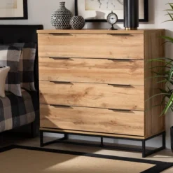 Reid Wood And Metal 4 Drawer Dresser Oak/Black - Baxton Studio -Baxton Studio GUEST 1c253ee5 7779 4186 836c ccded04eb80e
