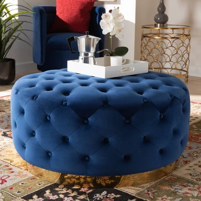 Sasha Velvet Upholstered Cocktail Ottoman Royal Blue/Gold - Baxton Studio 3 Sasha Velvet Upholstered Cocktail Ottoman Royal Blue/Gold - Baxton Studio - Image 3