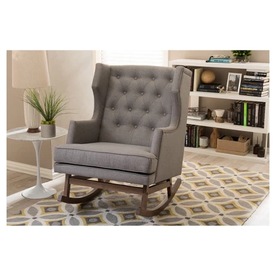Iona Mid - Century Retro Modern Fabric Upholstered Button - Tufted Wingback Rocking Chair - Gray - Baxton Studio 3 Iona Mid - Century Retro Modern Fabric Upholstered Button - Tufted Wingback Rocking Chair - Gray - Baxton Studio - Image 3