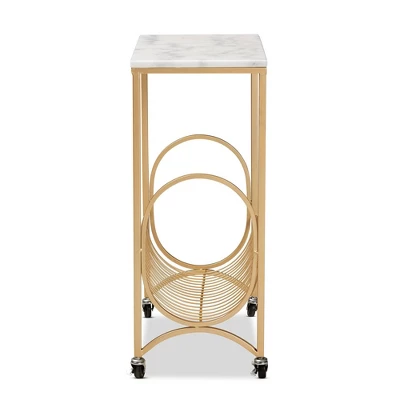 Jacek Metal Wine Cart With Marble Tabletop Gold - Baxton Studio 2 Jacek Metal Wine Cart With Marble Tabletop Gold - Baxton Studio - Image 2