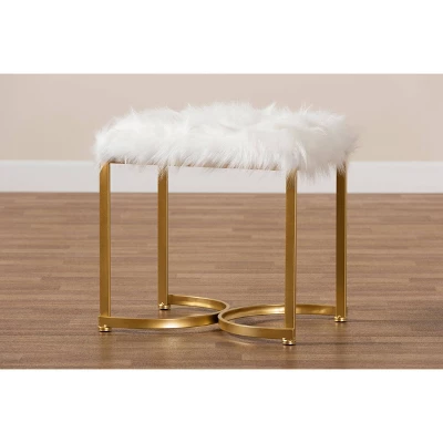 Gwyn Glam And Luxe Faux Fur Upholstered And Metal Ottoman White/Gold - Baxton Studio 6 Gwyn Glam And Luxe Faux Fur Upholstered And Metal Ottoman White/Gold - Baxton Studio - Image 6