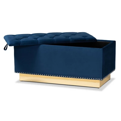 Powell Velvet Fabric Upholstered And PU Leather Ottoman Gold/Blue - Baxton Studio 1 Powell Velvet Fabric Upholstered And PU Leather Ottoman Gold/Blue - Baxton Studio