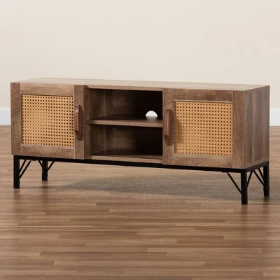 Veanna Bohemian Natural Wood And Metal 2 Door Synthetic Rattan TV Stand For TVs Up To 40" Brown/Black - Baxton Studio 8 Veanna Bohemian Natural Wood And Metal 2 Door Synthetic Rattan TV Stand For TVs Up To 40" Brown/Black - Baxton Studio - Image 8