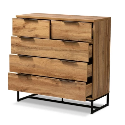 Franklin Wood And Metal 5 Drawer Bedroom Chest Oak/Black - Baxton Studio 1 Franklin Wood And Metal 5 Drawer Bedroom Chest Oak/Black - Baxton Studio