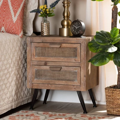 Calida Wood And Rattan 2 Drawer Nightstand Brown - Baxton Studio 6 Calida Wood And Rattan 2 Drawer Nightstand Brown - Baxton Studio - Image 6
