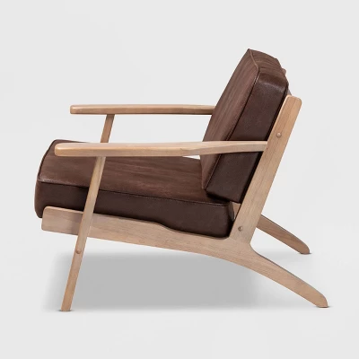 Sigrid Faux Leather Upholstered Wood Armchair Dark Brown/Antique Oak - Baxton Studio 2 Sigrid Faux Leather Upholstered Wood Armchair Dark Brown/Antique Oak - Baxton Studio - Image 2