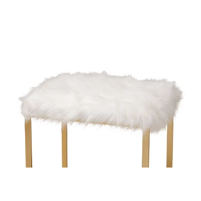 Gwyn Glam And Luxe Faux Fur Upholstered And Metal Ottoman White/Gold - Baxton Studio 3 Gwyn Glam And Luxe Faux Fur Upholstered And Metal Ottoman White/Gold - Baxton Studio - Image 3