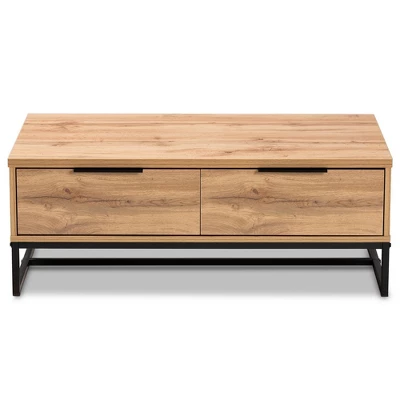 Franklin Wood And Metal 2 Drawer Coffee Table Oak/Black - Baxton Studio: Large Storage, Modern Design 2 Franklin Wood And Metal 2 Drawer Coffee Table Oak/Black - Baxton Studio: Large Storage, Modern Design - Image 2
