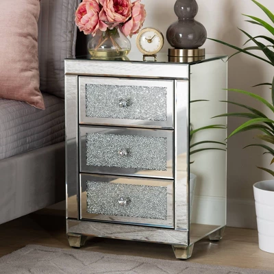 Ralston 3 Drawers Mirrored Nightstand - Baxton Studio 5 Ralston 3 Drawers Mirrored Nightstand - Baxton Studio - Image 5