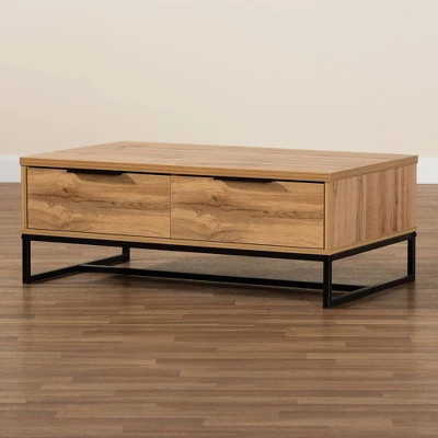 Franklin Wood And Metal 2 Drawer Coffee Table Oak/Black - Baxton Studio: Large Storage, Modern Design 8 Franklin Wood And Metal 2 Drawer Coffee Table Oak/Black - Baxton Studio: Large Storage, Modern Design - Image 8