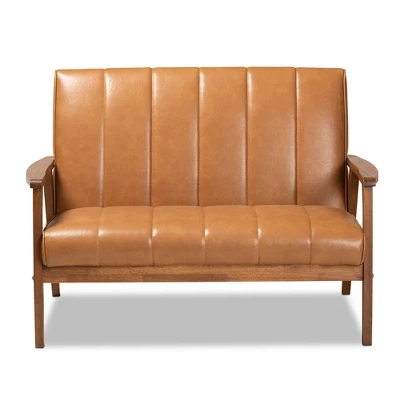Nikko Mid-Century Faux Leather Upholstered Wood Loveseat Walnut/Brown - Baxton Studio 1 Nikko Mid-Century Faux Leather Upholstered Wood Loveseat Walnut/Brown - Baxton Studio