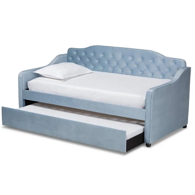 Twin Freda Velvet Tufted Daybed With Trundle Light Blue - Baxton Studio 1 Twin Freda Velvet Tufted Daybed With Trundle Light Blue - Baxton Studio