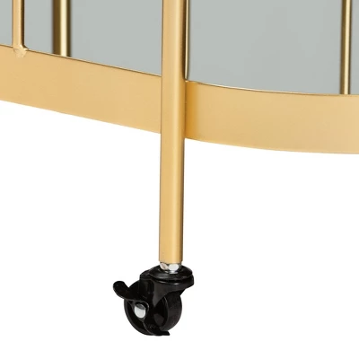 Kamal Glam Brushed Metal And Mirrored Glass 2 Tier Mobile Wine Bar Cart Gold - Baxton Studio 9 Kamal Glam Brushed Metal And Mirrored Glass 2 Tier Mobile Wine Bar Cart Gold - Baxton Studio - Image 9
