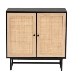 Declan Wood And Natural Rattan 2 Door Storage Cabinet Espresso Brown/Black - Baxton Studio
