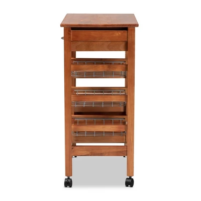 Crayton Wood And Metal Mobile Kitchen Storage Cart Oak Brown/Silver - Baxton Studio 3 Crayton Wood And Metal Mobile Kitchen Storage Cart Oak Brown/Silver - Baxton Studio - Image 3