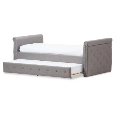 Twin Swanson Modern And Contemporary Fabric Tufted Daybed With Roll-Out Trundle Guest Bed Gray - Baxton Studio: Polyester Upholstery, Nailhead Detail 1 Twin Swanson Modern And Contemporary Fabric Tufted Daybed With Roll-Out Trundle Guest Bed Gray - Baxton Studio: Polyester Upholstery, Nailhead Detail