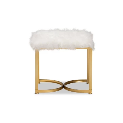 Gwyn Glam And Luxe Faux Fur Upholstered And Metal Ottoman White/Gold - Baxton Studio 1 Gwyn Glam And Luxe Faux Fur Upholstered And Metal Ottoman White/Gold - Baxton Studio