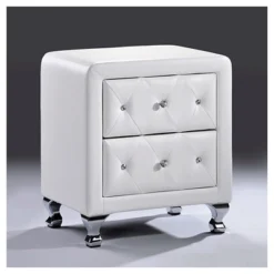 Stella Crystal Tufted Upholstered Modern Nightstand - White - Baxton Studio: Glamorous Design, Chrome Legs, Faux Leather