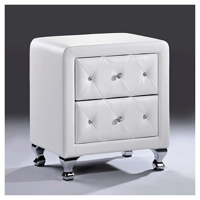 Stella Crystal Tufted Upholstered Modern Nightstand - White - Baxton Studio: Glamorous Design, Chrome Legs, Faux Leather 1 Stella Crystal Tufted Upholstered Modern Nightstand - White - Baxton Studio: Glamorous Design, Chrome Legs, Faux Leather