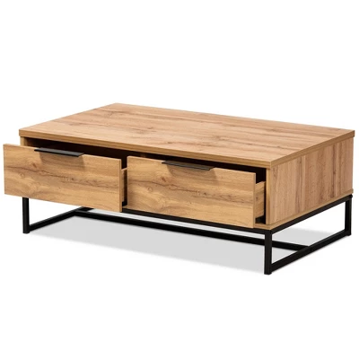 Franklin Wood And Metal 2 Drawer Coffee Table Oak/Black - Baxton Studio: Large Storage, Modern Design 1 Franklin Wood And Metal 2 Drawer Coffee Table Oak/Black - Baxton Studio: Large Storage, Modern Design