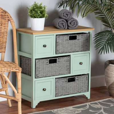 Valtina Two-Tone Wood 3 Drawer Storage Unit With Baskets Oak Brown/Gray/Mint Green - Baxton Studio 3 Valtina Two-Tone Wood 3 Drawer Storage Unit With Baskets Oak Brown/Gray/Mint Green - Baxton Studio - Image 3