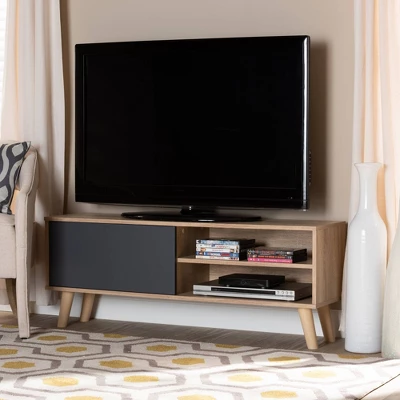 Mallory Two-Toned Oak Wood TV Stand For TVs Up To 55" Oak/Gray - Baxton Studio 5 Mallory Two-Toned Oak Wood TV Stand For TVs Up To 55" Oak/Gray - Baxton Studio - Image 5