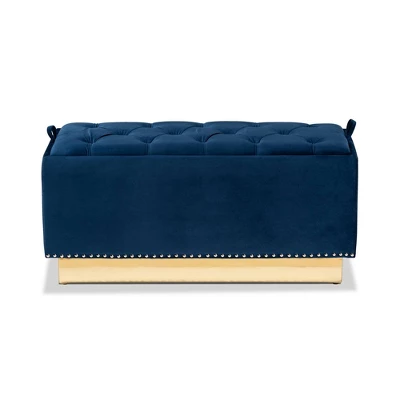 Powell Velvet Fabric Upholstered And PU Leather Ottoman Gold/Blue - Baxton Studio 2 Powell Velvet Fabric Upholstered And PU Leather Ottoman Gold/Blue - Baxton Studio - Image 2
