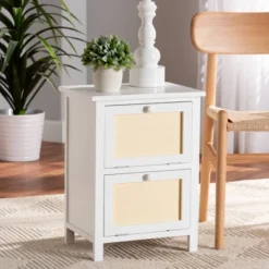 Sariah Wood Rattan 2 Door Nightstand White - Baxton Studio
