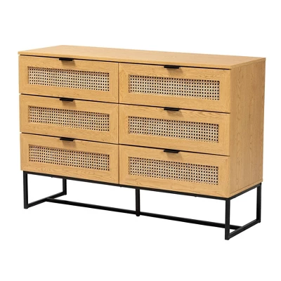 Sawyer Wood And Metal 6 Drawer Storage Cabinet With Natural Rattan Oak Brown/Black - Baxton Studio 1 Sawyer Wood And Metal 6 Drawer Storage Cabinet With Natural Rattan Oak Brown/Black - Baxton Studio
