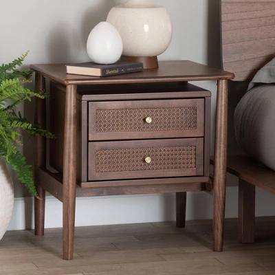 Baxton Studio Alyssa Wood 2 Drawer Nightstand Woven With Rattan Walnut Brown 3 Baxton Studio Alyssa Wood 2 Drawer Nightstand Woven With Rattan Walnut Brown - Image 3