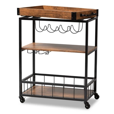 Cerne Oak And Finished Mobile Metal Bar Cart With Wine Bottle Rack Brown - Baxton Studio 1 Cerne Oak And Finished Mobile Metal Bar Cart With Wine Bottle Rack Brown - Baxton Studio