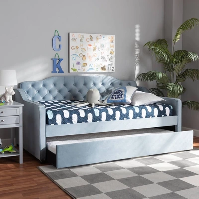 Twin Freda Velvet Tufted Daybed With Trundle Light Blue - Baxton Studio 8 Twin Freda Velvet Tufted Daybed With Trundle Light Blue - Baxton Studio - Image 8
