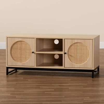 Ardon Bohemian Wood And Metal 2 Door Natural Rattan TV Stand For TVs Up To 40" Light Brown/Black - Baxton Studio 8 Ardon Bohemian Wood And Metal 2 Door Natural Rattan TV Stand For TVs Up To 40" Light Brown/Black - Baxton Studio - Image 8
